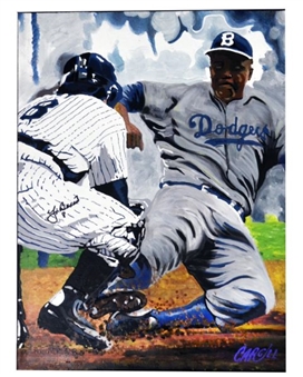 Yogi Berra Signed Original Painting Tagging Jackie Robinson Out At Home